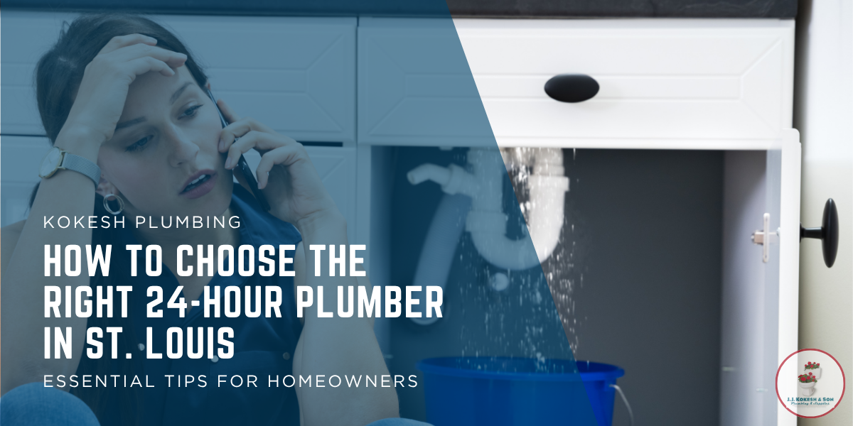woman is on the phone calling 24 hour plumber st louis while water sprays from pipes under sink